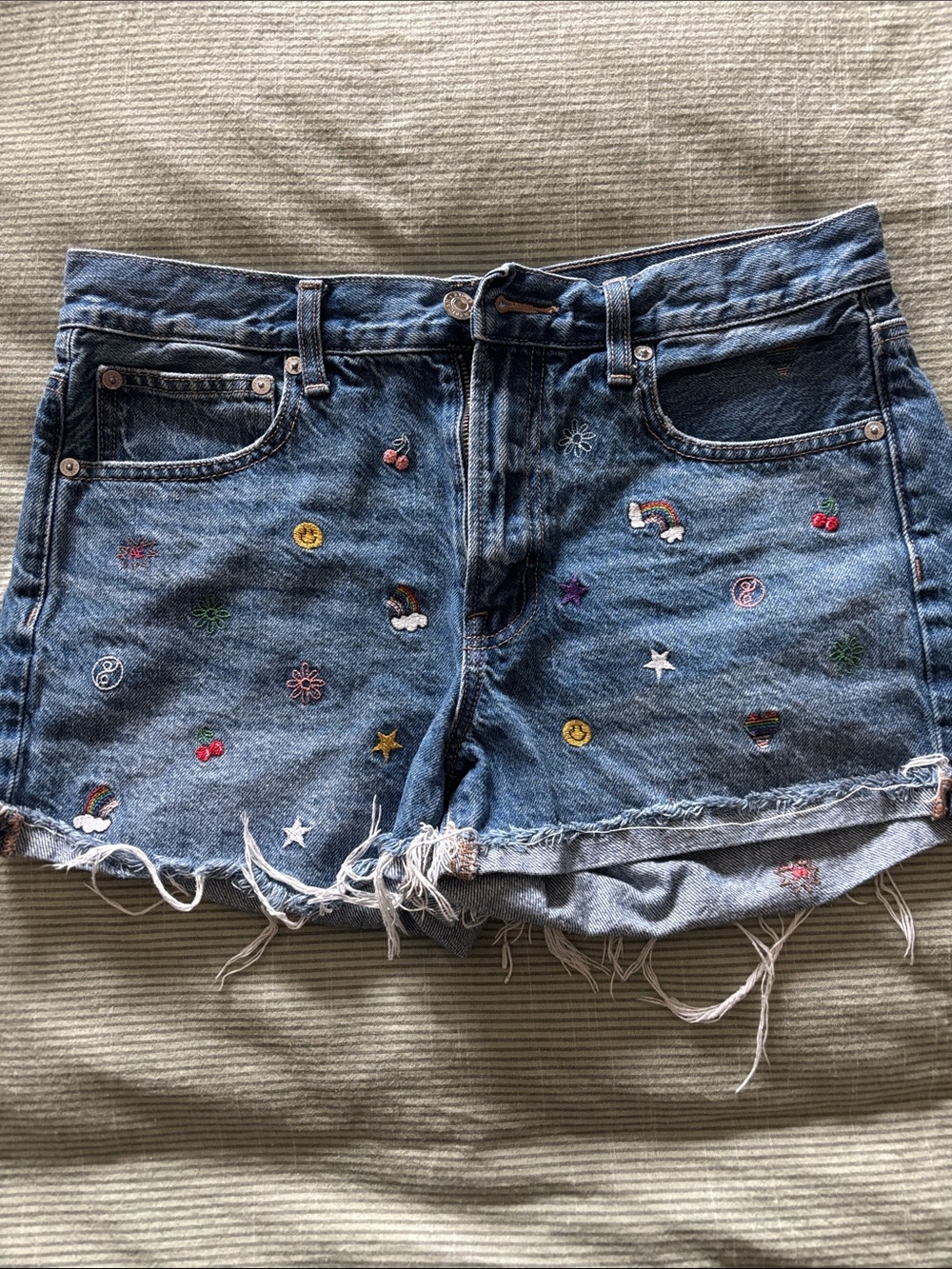 American Eagle Outfitters Blue Denim Embroidered Cutoff Shorts